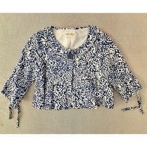 Maestro Blazer/Jacket 100% Linen Women Size S Crop Waist Bell‎ Sleeve Boxy Blue